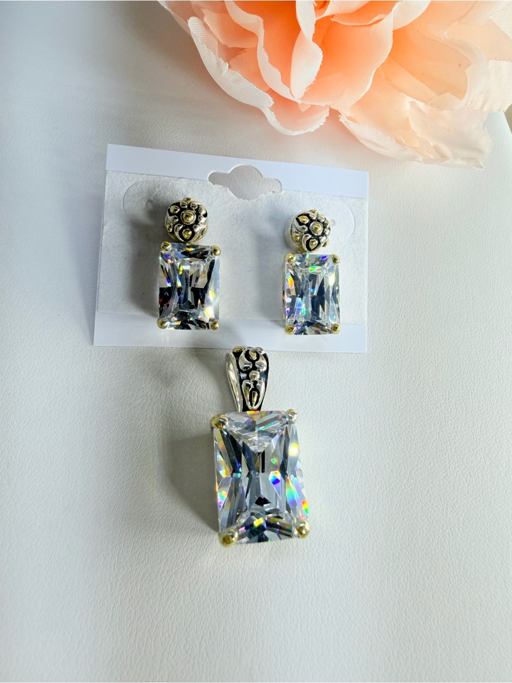 Starting silver 925 Silver & gold earrings and pendant set with large rectangula